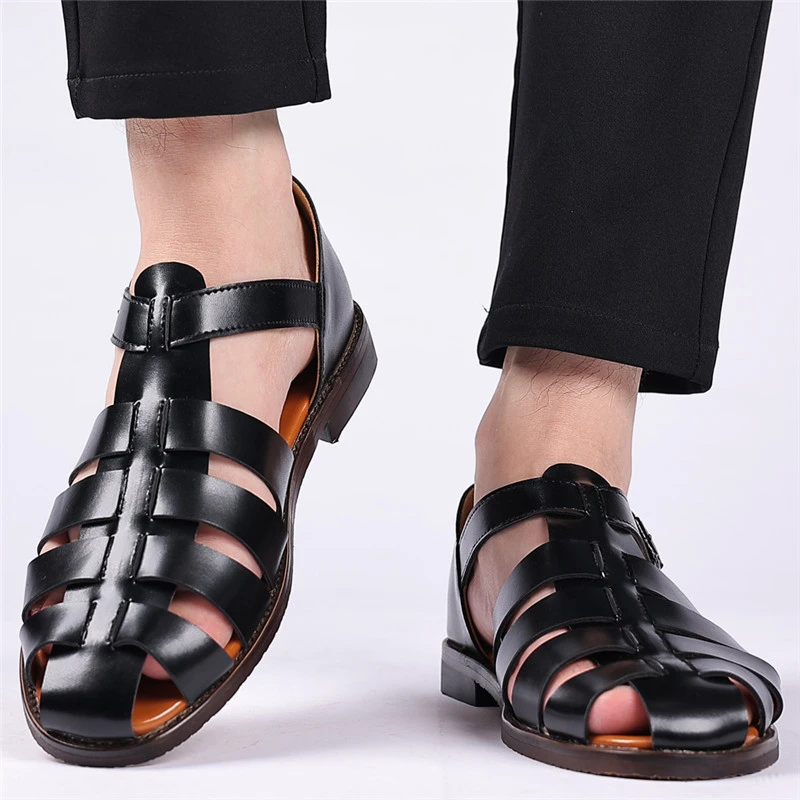 Sandalias de cuero para zapatos planos de marca de lujo, a la moda, color negro, para verano|Sandalias de playa y para aire libre| - AliExpress