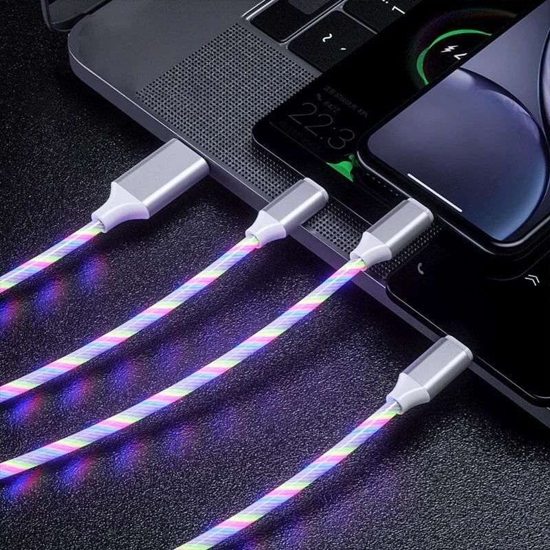 Tongdaytech 3 in 1 USB Fast Charger Flowing Colors LED Glow Usb Cable Quick Charge Carregador Portatil For iPhone Xiaomi Samsung Fast charge 18w Chargers