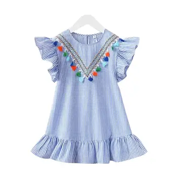 

GloryStar Girls Toddler Kids Neckline Fringe Vertical Striped Ruffled Dress