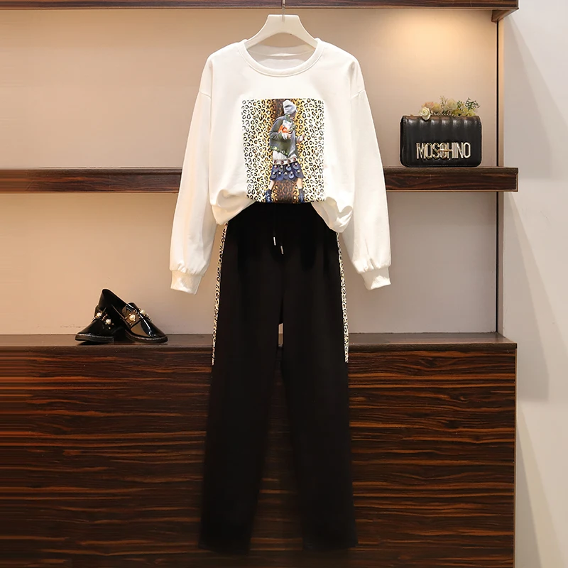 

2019 autumn new large size women's sequins sweatshirt + trousers fashion slim leopard stitching sweater suit