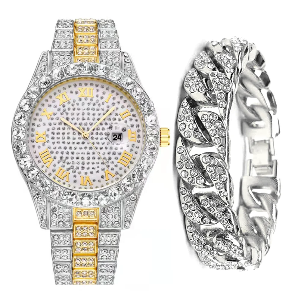 Full Iced Out Watch + Bracelet for Men Bling Miami Cuban Chain Wristwatch Man Clock Hip Hop Luxury Gold Set Women Gifts Relojes