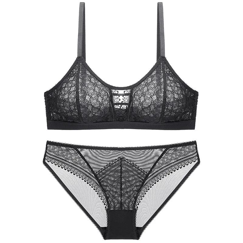 Frence lace triangle cup sleep women clothes sexy bra set wire free underwear sets girls bralette with pad and panties - Цвет: Черный
