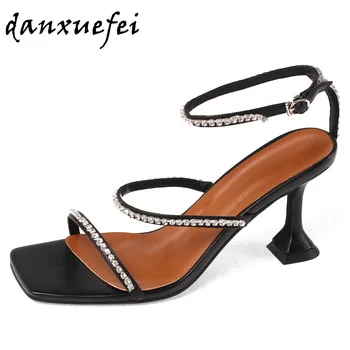 

Women's genuine leather thin high heel narrow band crystal elegant ladies evening dress pumps open toe summer sandals bride shoe