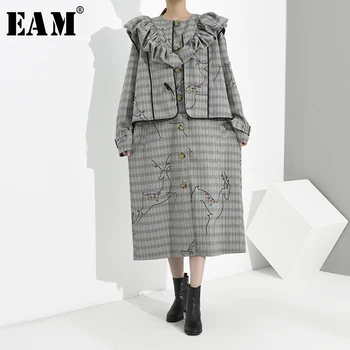 

[EAM] Women Plaid Ruffles Big Size Trench New Lapel Long Sleeve Loose Fit Windbreaker Fashion Tide Spring Autumn 2020 1B7380