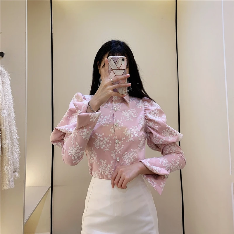 WHITNEY WANG, блузки,, Весенняя мода, винтажная, кружевная, сетчатая, с вышивкой, с пышными рукавами, блузка, для женщин, Blusas, для офиса, для девушек, рубашка, Топ - Цвет: Розовый