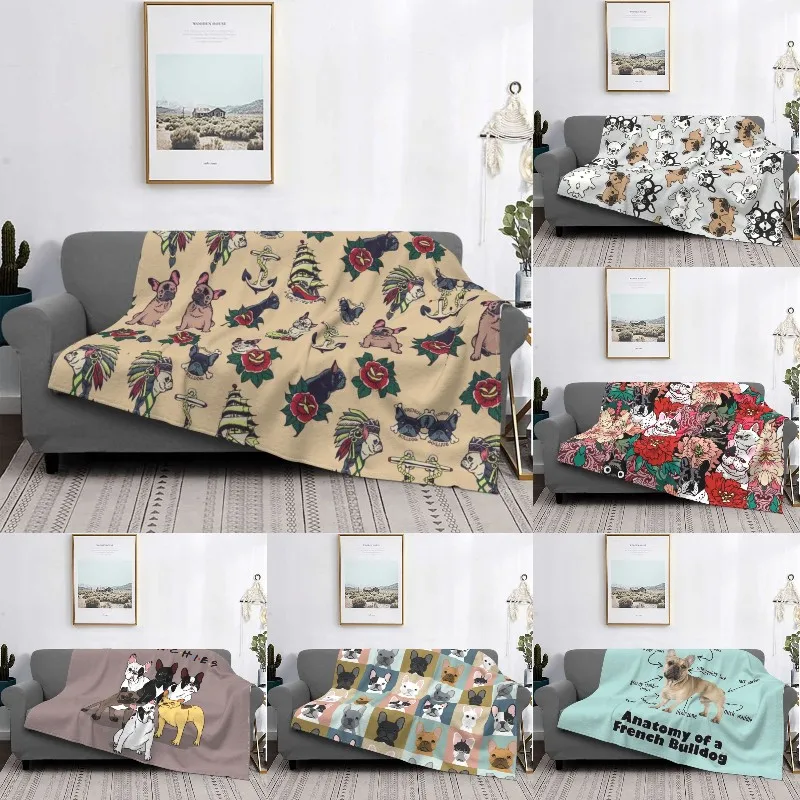 

Cute French Bulldog Tattoo Blanket Soft Fleece Autumn Warm Flannel Pet Dog Throw Blankets for Sofa Outdoor Bedroom Quilt