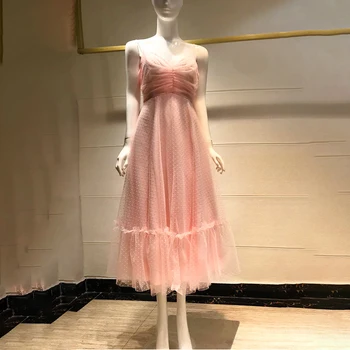 

2020 Summer Pink Sweet Style Women Dress Spaghetti Strap Deep V-neck Backless Mesh Sexy Dress Ruffles Long Style Elegant Dress