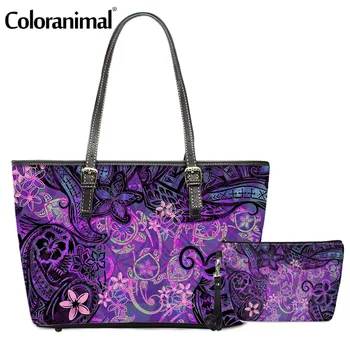 

Coloranimal Women PU Shoulder Bag With Wallet 2Pc/Set Hawaiian Polynesian Sea Turtle With Plumeria Print Crossbody Bag Bolsa Hot