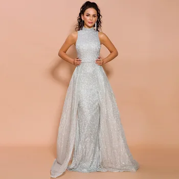 

Slim Evening Party Dress Women Elegant Sleeveless Sliver Prom Gown High Collar Sleeveless Robe De Soiree Sexy Vestidos De Festa