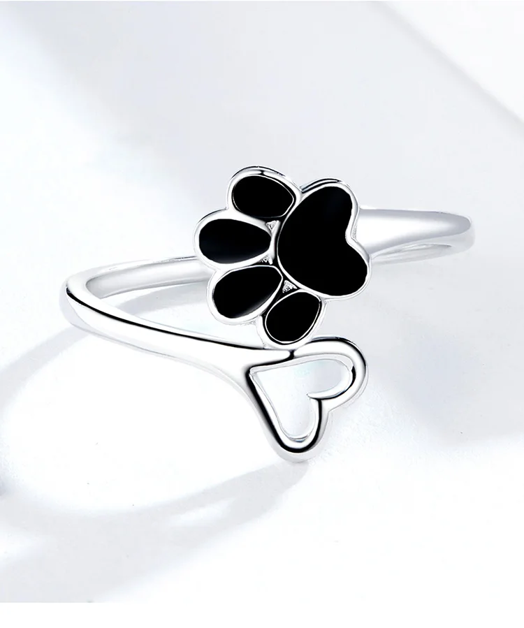 Sterling Silver Paw Dog Footprint Heart Rings Black Enamel Adjustable - PeticaDeals