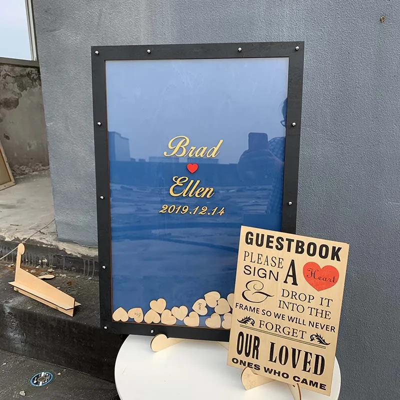 Customize Rustic Wooden Guestbook Black Frame Personalised Wedding Guest Book Alternative Wood Heart Drop Box Top Signature