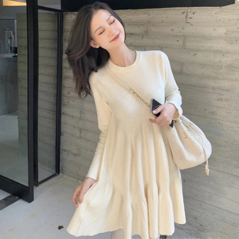 

Runway Chic O Neck Long Sleeve Knit Sweater Dress High Waist A Line Dress Solid Fluffy Ropa Pull Femme Autumn Winter Dress