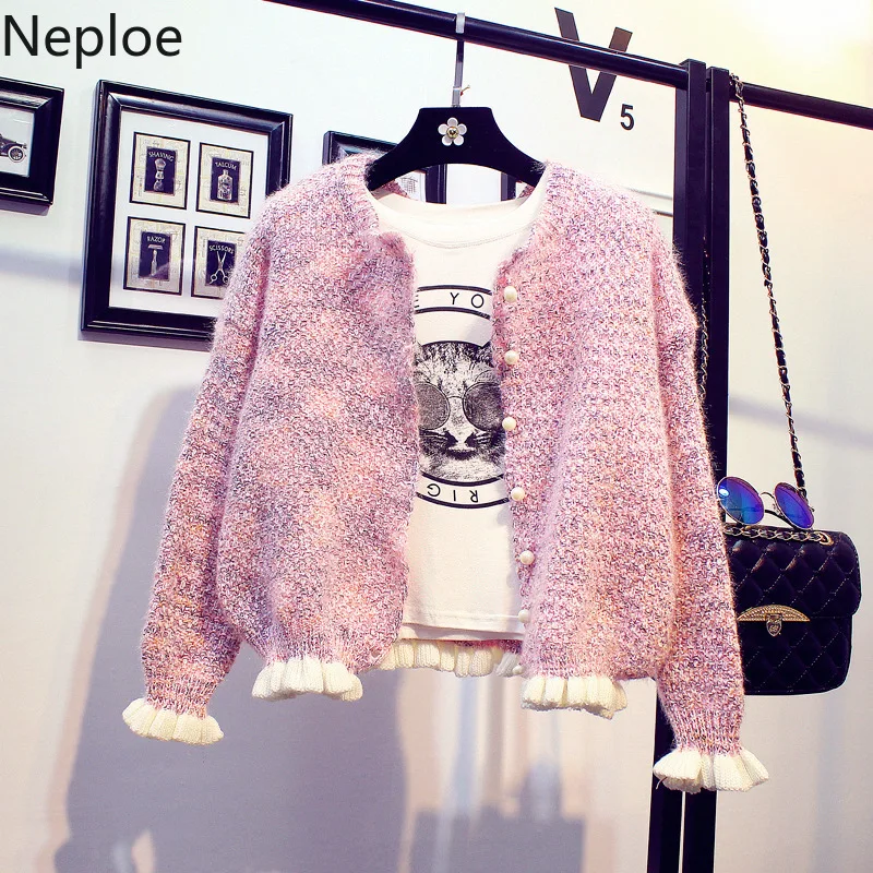 

Neploe Korean Sweet Style Short Cardigans Sweater Women Elegant Ruffles O Neck Bead Veste Femme Loose Knit Student Coat 46277