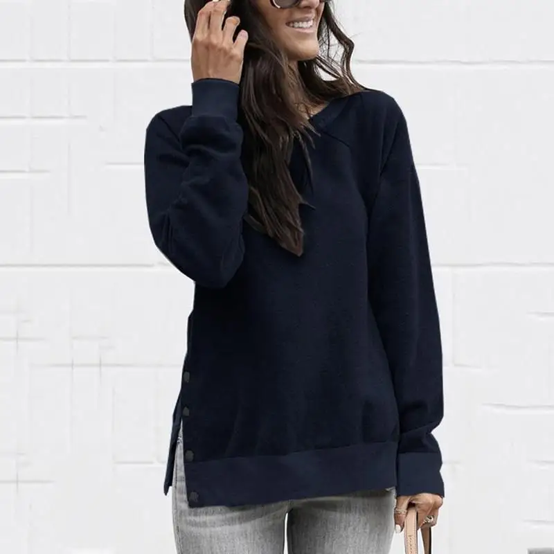 Dark Blue Модные красивые женские осенние однотонные толстовки с длинным рукавом, с разрезом по бокам, с пуговицами, пуловер, повседневные женские топы с круглым вырезом - Цвет: Dark Blue