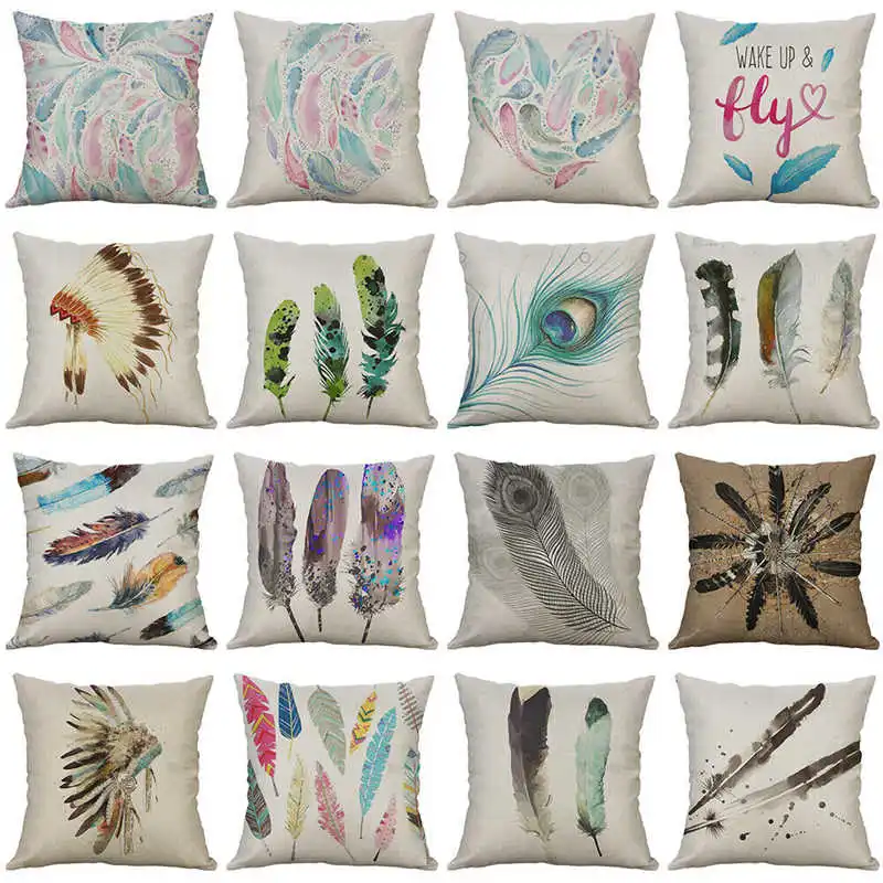 

Sofa Linen Decor Pillow 18" Feather Pattern Case Cushion Home Cover Cotton