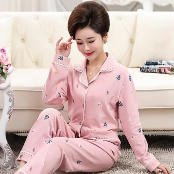 

2020 Autumn Plus Size Cotton Long Sleeve Middle Old Age Mother Pajama Set for Women Sleepwear Pyjama Loungewear Homewear Clothes