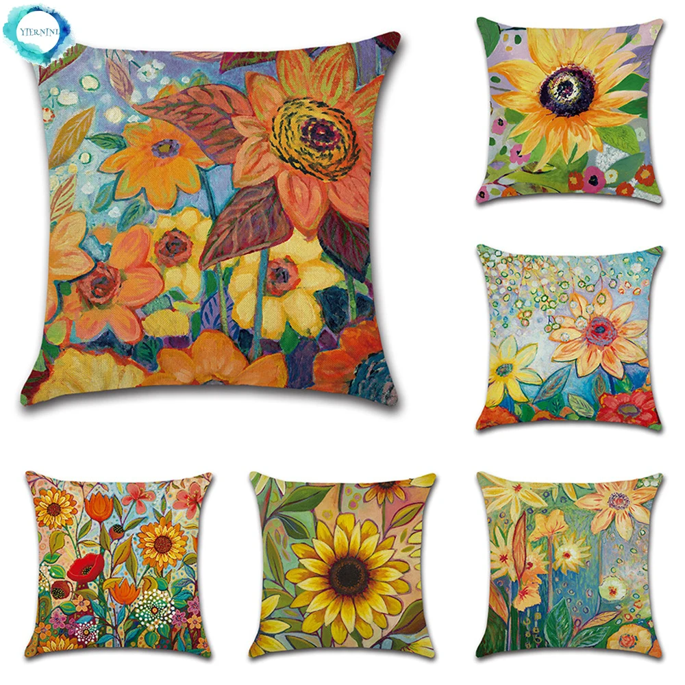 

Plants Leaf Sunflower Cushion Cover Cotton Linen Decorative Home Sofa Square Pillow Case for Couch Farmhouse Decoration 45X45CM