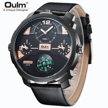 

Oulm Fashion Big Dial Mens Watches 3 Time Zone Leather Band Sport Watches Casual Quartz Watch Relogio Masculino Reloj Hombre