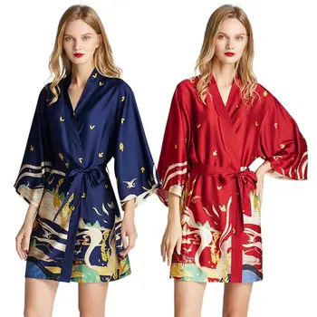 

Women Imitation Silk Kimono Robe Vintage Dunhuang Mural Nightgown Exotic Belted Bathrobe