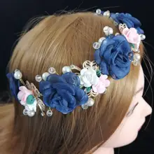 Темно-синие повязки на голову 3D Цветочный головной убор Венок свадебное кольцо гребень носитель аксессуары для волос, корейский Ручной работы Бусины свадебные диадемы