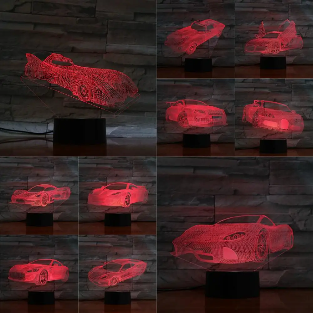 Суперкар 3D светодиодная лампа 7 цветов, меняющая USB модный ночник для мальчиков, детские подарки, Grand Touring, автомобильный стол, рядом со спальным украшением