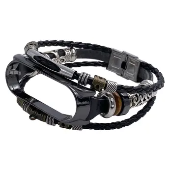 

For Mi Band 4/5 Bracelet Retro Genuine Leather Wristband Strap for Mi Band 4/5 Accessory Metal Case Watchband for MiBand