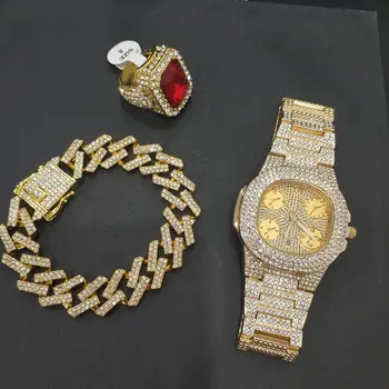 

Men Luxury Watch & Ring & Bracelet Combo Set Hip Hop Ice Out Cuban Watch Rapper Crystal Miami Jewelry Hip Hop For Men