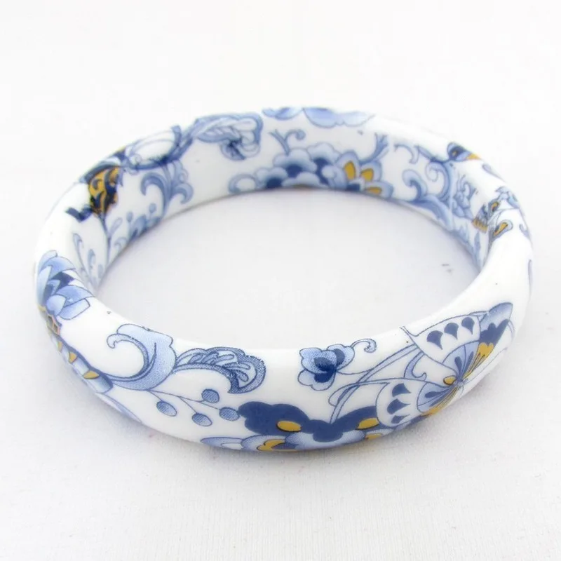 

China Jingdezhen Porcelain Peony Hand Carved Wide Bar Bracelet Fashion Boutique Jewelry Men's and Women's Bracelets