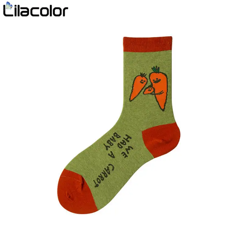 Милые женские носки с морковным принтом; сезон осень-зима; женские носки средней длины; Новинка; модные разноцветные носки с героями мультфильмов в консервативном стиле для девочек - Цвет: Carrot Print