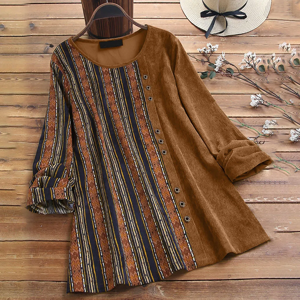  WomenShirt Autumn Corduroy Stripe Print Patchwork Top Vintage Button Long Sleeve T-Shirt