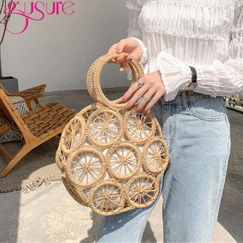 

Gusure Fashion Hollow Straw Bags Women Wrist Bags Round wheel Hand-woven Totes Summer Beach Straw Knitting Handbag for female