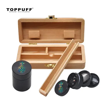

TOPPUFF Tobacco Wood Stash Case Box + Aluminum Tobacco Herb Grinder + Metal Smoking Stash Storage Jar Smoke Pipe Accessories
