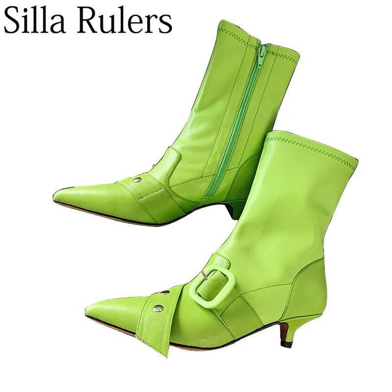 

2019 new autumn pointed toe ankle boots woman cat heels rivet woman short boots punk boots woman runway Slim-legged boots woman