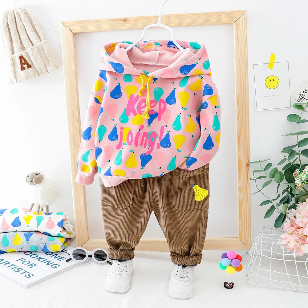 

Winter Clothing Sets Baby Girls Thick Fleece Fruit Print Hooded Hoodies Outerwear + Corduroy Trousers Children Kids 2Pcs Suits