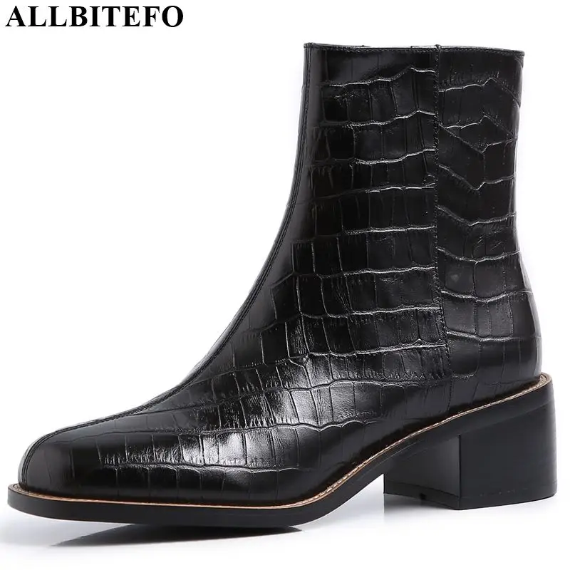 

ALLBITEFO hot sale genuine leather simple style women boots Square toe ankle boots comfortable Stone print fashion girls boots