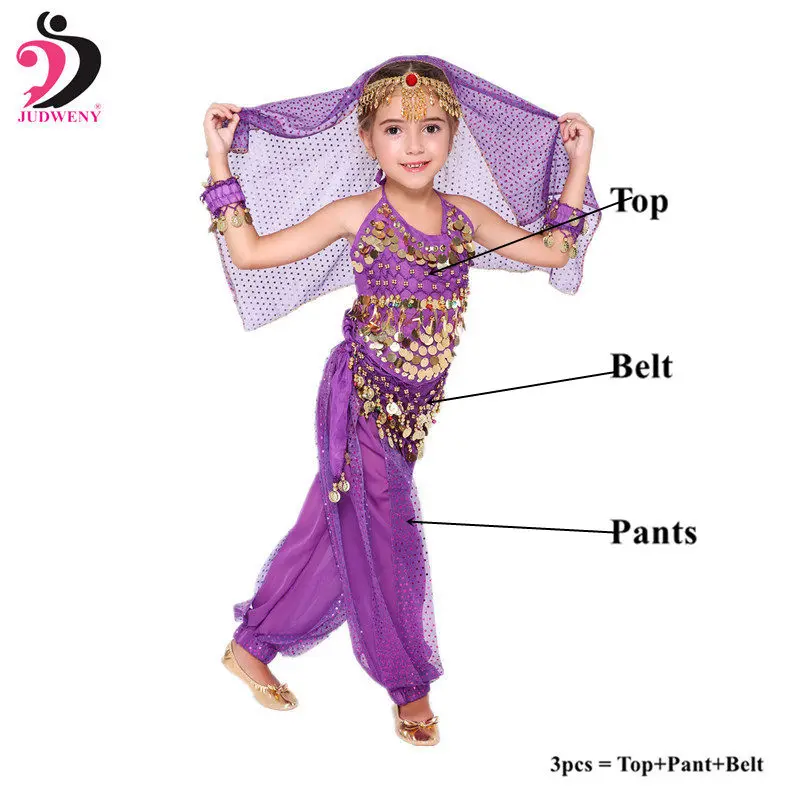 Purple 3pcs Детский костюм для танца живота, новинка года, Индийский Болливуд, Восточный Египетский танец живота, платье для девочек, топ для танца живота, штаны, 6 цветов - Цвет: Purple 3pcs