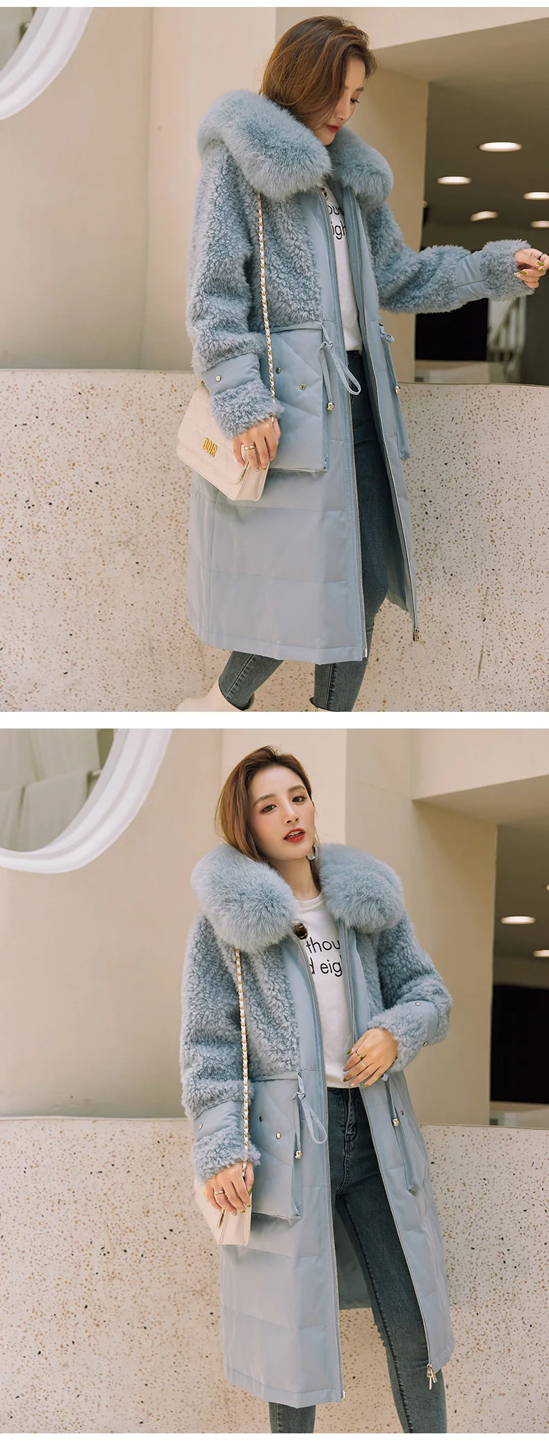 Пальто с натуральным мехом, зимнее пальто, женская одежда, корейская шерстяная куртка, стрижка овец, теплые куртки и пальто на утином пуху, AL-8, YY1783