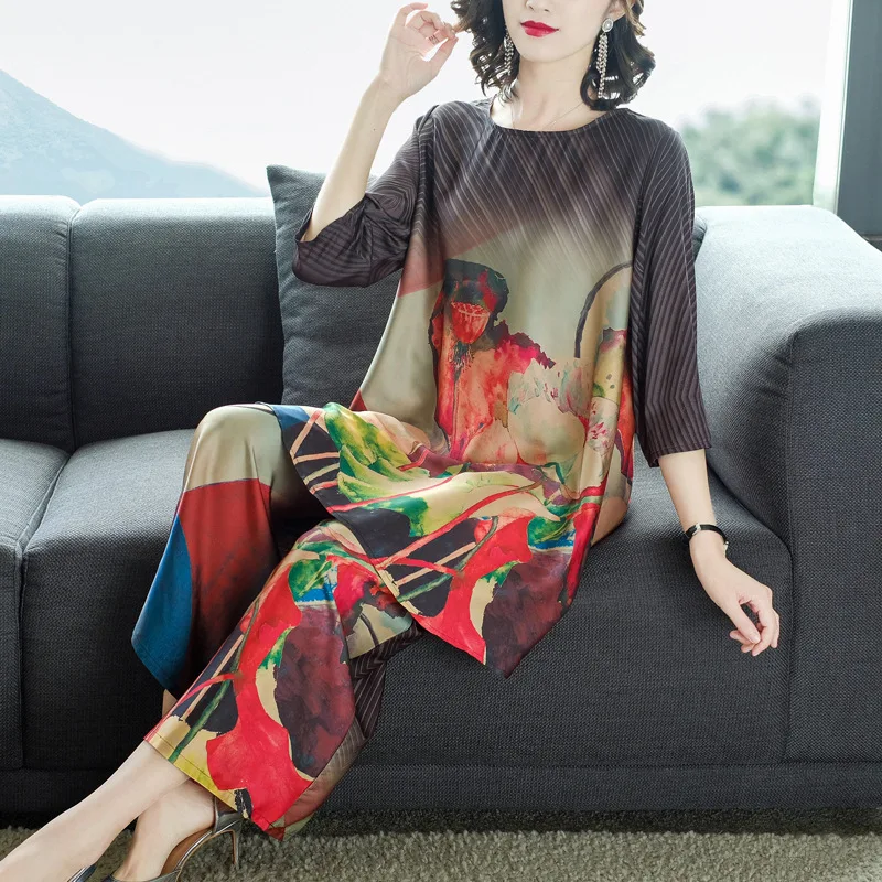 

2019 Autumn New Style Elegant Elegant Large Size Loose-Fit Slimming Chiffon Blouse Tops Loose Pants Two-Piece Set WOMEN'S Suit