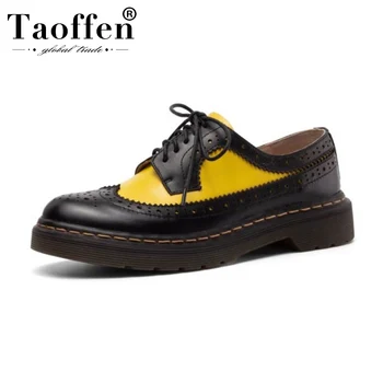 

Taoffen Women Genuine Leather Pumps Round Toe Mixed Color Patchwork Sexy Fashion Shoes Retro Casual Daily Party Pumps Size 34-39