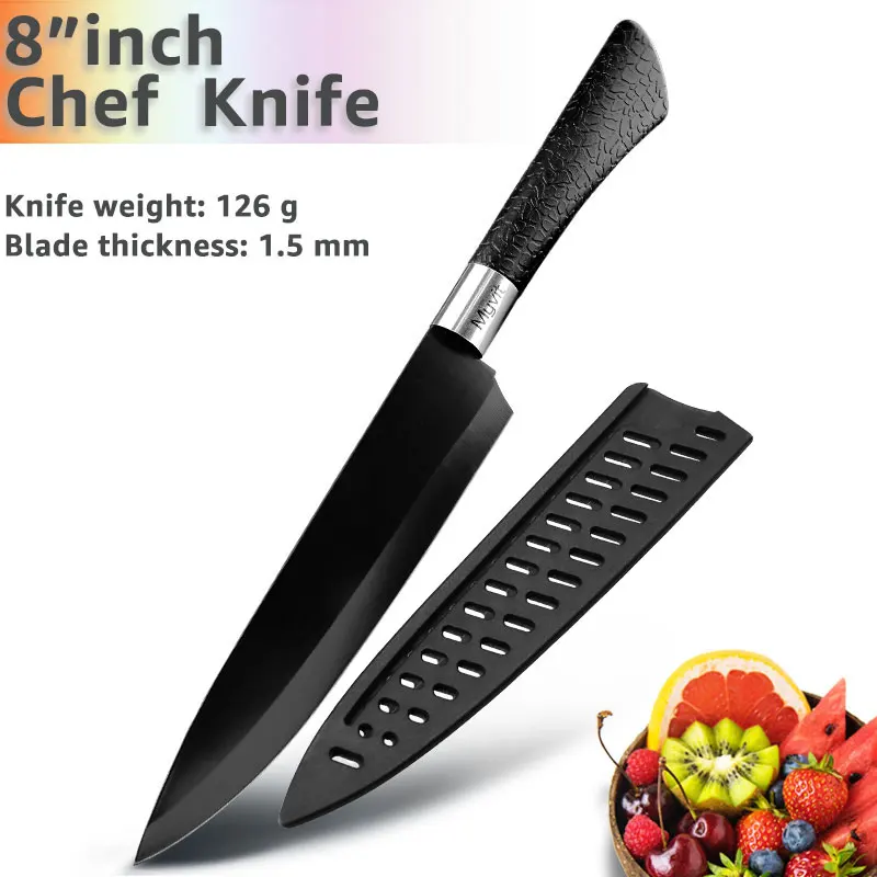 Кухонный нож 3,5 ''5'' 7 ''8'' шеф-повара 7CR17 440C с антипригарным покрытием из черной нержавеющей стали, нож для резки хлеба, нож сантоку, набор из 6 предметов - Цвет: 8 inch Chef knife
