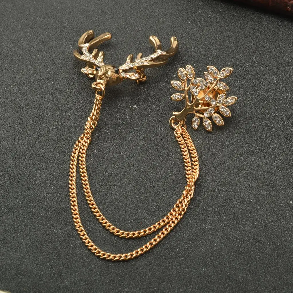 Gold Deer Tree Collar Neck Tip Brooch Lapel Pin Chain Jewellery Gift for Men Women
