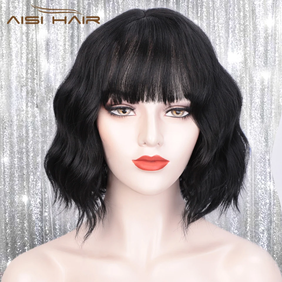 AISI HAIR синтетический короткий волнистый парик с челкой натуральные черные парики