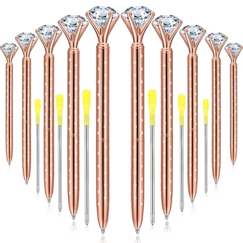 

12 Pieces Big Diamond Ballpoint Pens and 6 Pieces Ballpoint Pen Refills, Black Ink (Rose Gold)