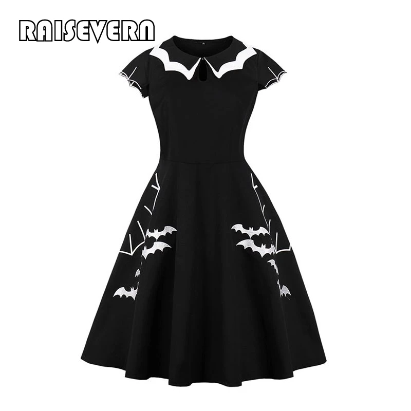 

Gothic Women Dress Black Vintage Doll Collar Bat Print Elegant A Line Dress Sexy Goth Mini Dress 2019 Halloween Dress Plus Size