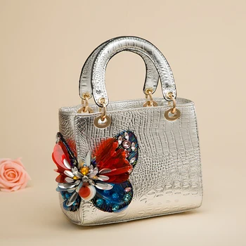 

2020 New Diamond-encrusted Women's Crocodile Pattern Tote Bag Butterfly Design Princess Female Messenger Bag Scarf Shoulder Bags