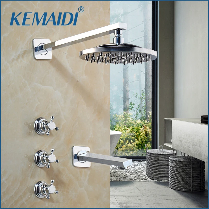 KEMAIDI Chrome Shower Faucets Set Rain Waterfall 3 Handle Shower System Wall Mount Bathtub Shower Mixer Combo Set