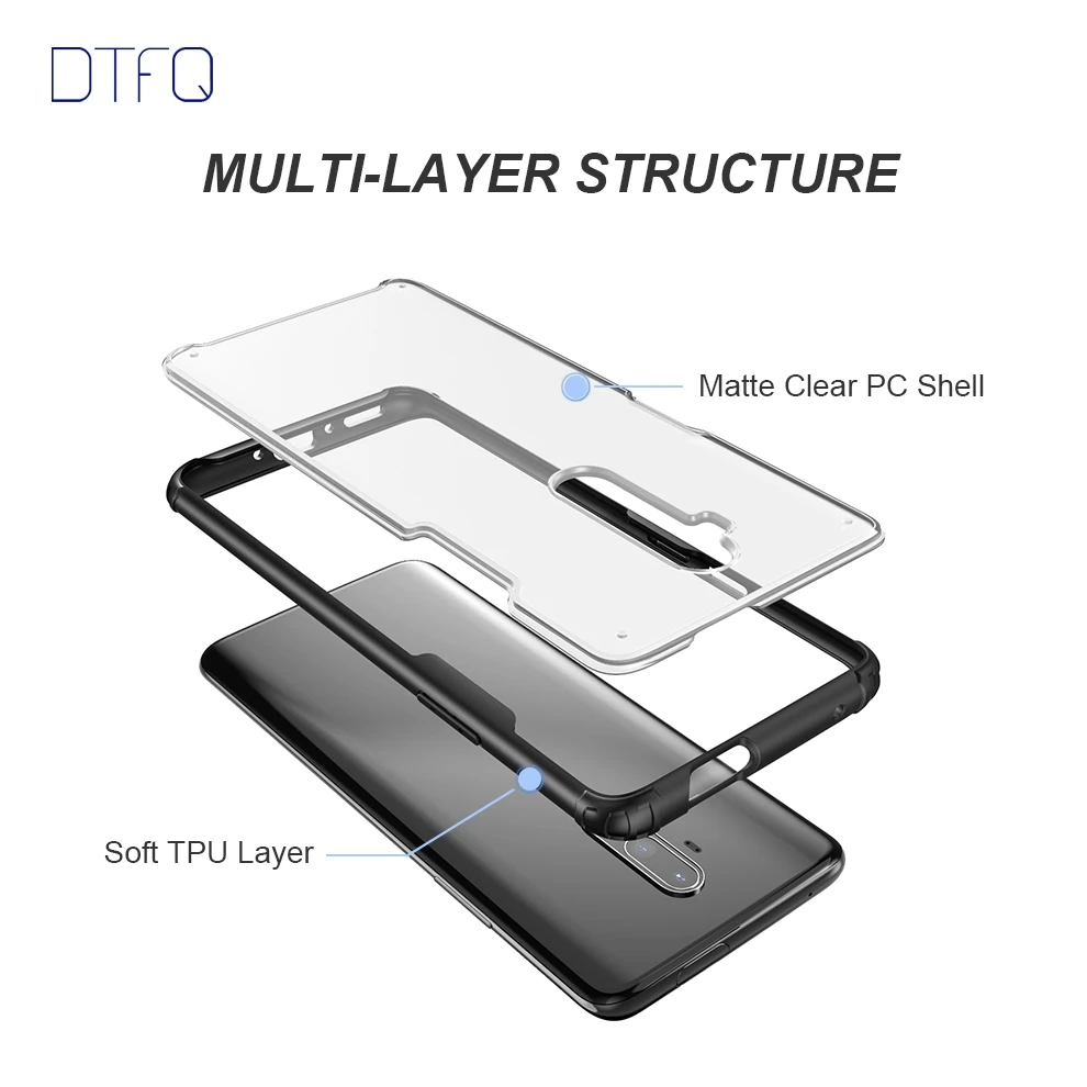 DTFQ противоударный чехол для OnePlus 7T Pro, гибридный жесткий корпус из поликарбоната+ Мягкий силиконовый чехол из ТПУ, Матовый Прозрачный чехол для OnePlus 7T Pro