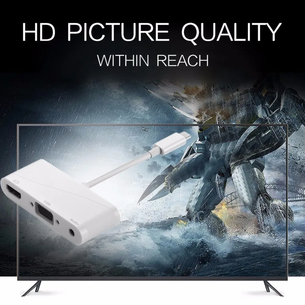 Высококачественный USB 3,1 тип-c к HDMI VGA Аудио HD адаптер высокой четкости конвертер с тип-c к VGA кабель Белый