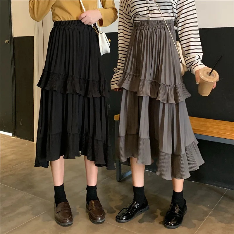 Harajuku стиль весна осень сладкий стиль оборками Длинные юбки модный бренд Женская одежда Высокая талия юбка blusas mujer de moda