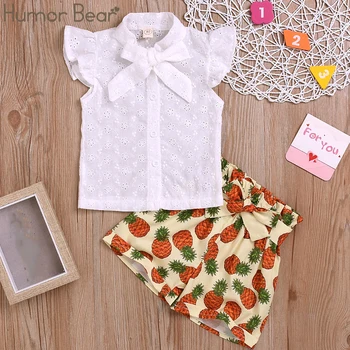 

Humor Bear 2020 New Grils Clothes Summer Girl Hollow Bow T-shirt+ Pineapple Shorts Children Clothing Set Kids Girls Clothes Suit